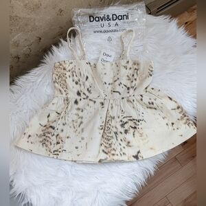 Davi & Dani Spotted Peplum Denim Top in Cream & Brown Super Soft Material New